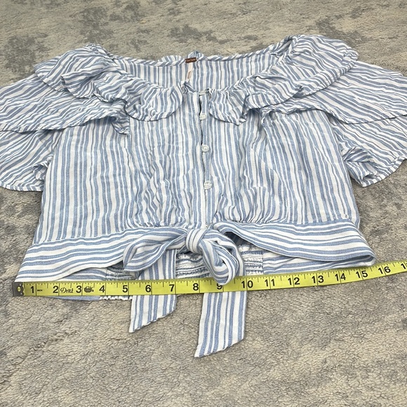Free People The Rosemary Top Tie Waist Blouse Flutter Ruffle Blue Stripe Sz L - Picture 7 of 12